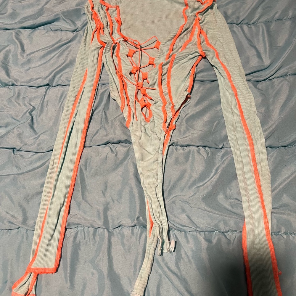 Fashion Nova Aqua Bodysuit with Orange Trim